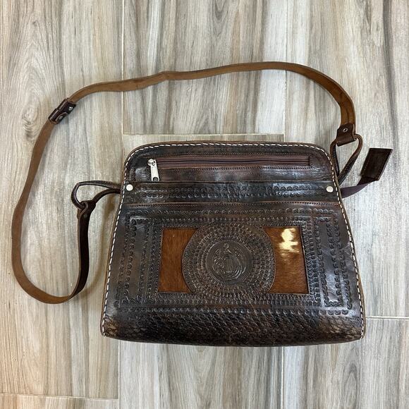 VTG Purse Brown Tooled Leather Calf Cow Hair Handbag Heavy Handmade boho western - Picture 1 of 14